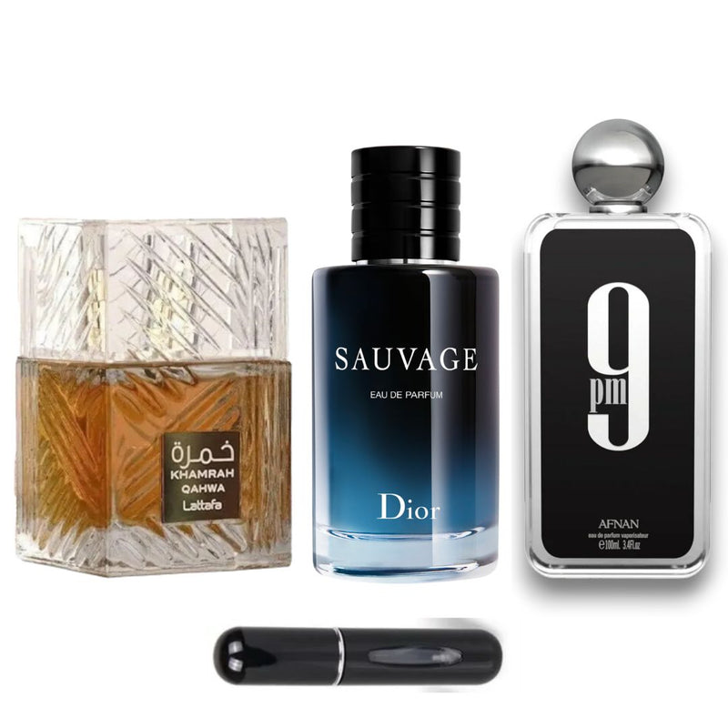 PERFUMES SAUVAGE+9PM+KHAMRAH QAHWA+PERFU