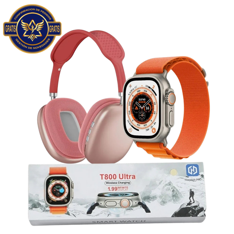 DIADEMA AIRPODS CON ESTUCHE + RELOJ T800